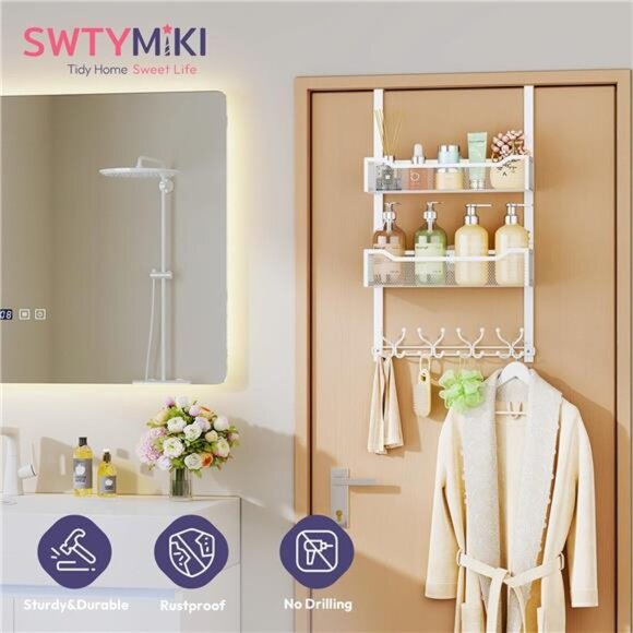 Over The Door Hooks Organizer 16 Hooks 2 Mesh Baskets Towel Coat Clothes Rack - Picture 4 of 8